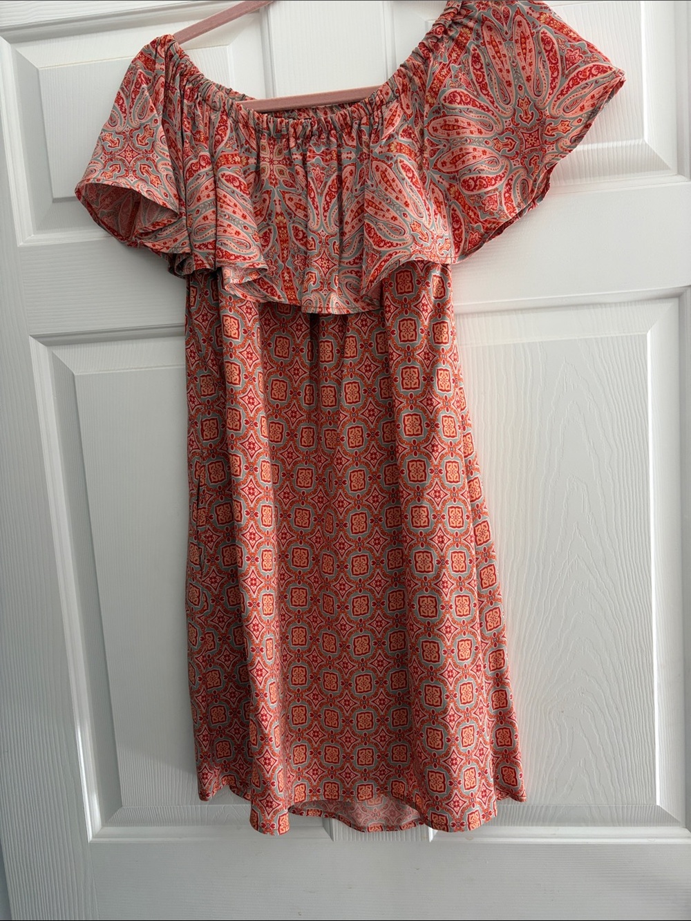 Sanctuary Coral and Cream Off-Shoulder Mini Dress